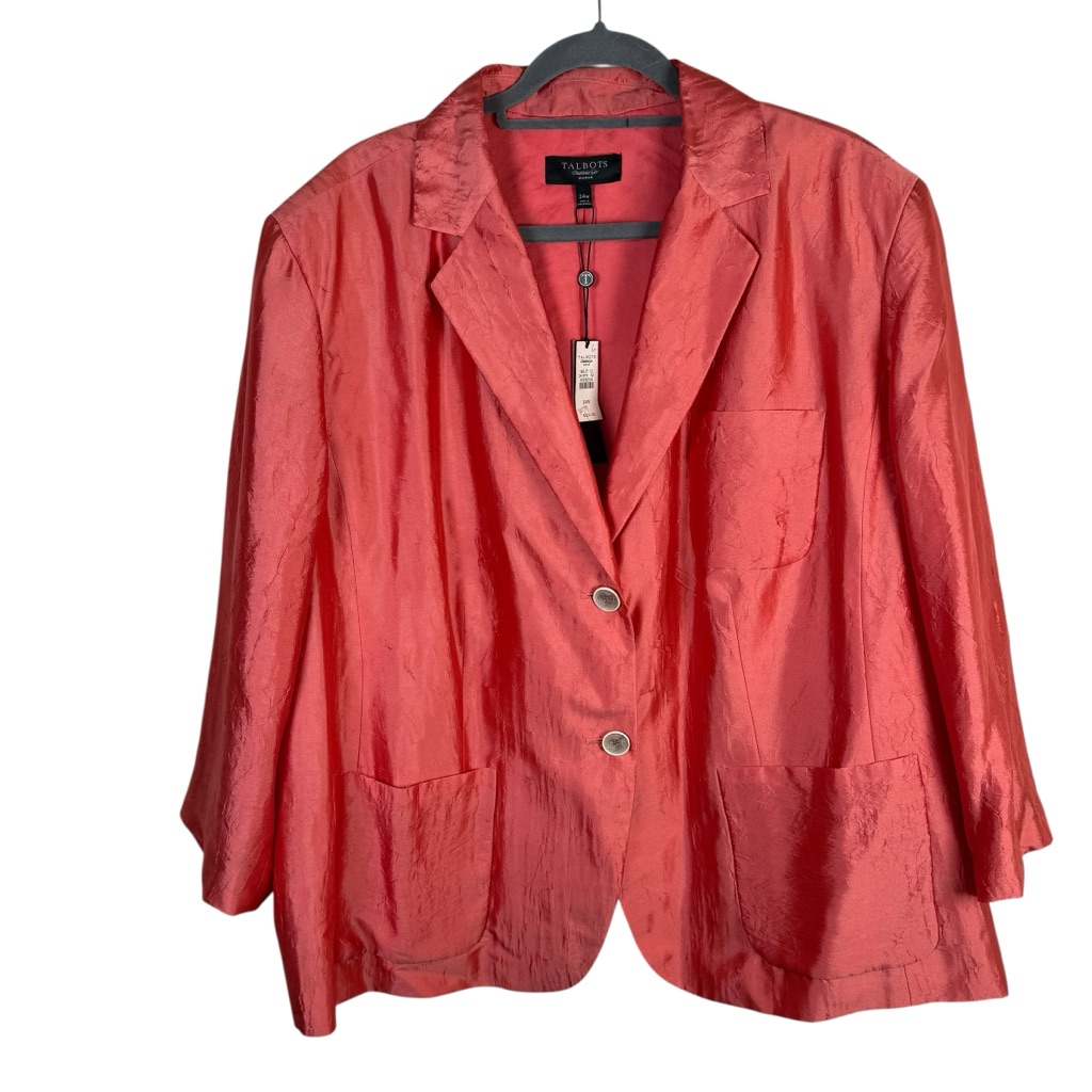 Talbots Woman Crinkle Silk Blend Coral Two Button Blazer Size 24w Nwt